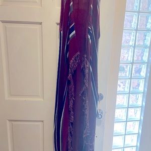 Woman’s burgundy gray and blue shawl